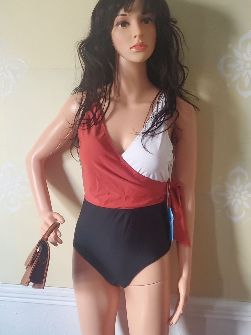 Cupshe Colorblock Wrap One-Piece Swimsuit in Red, White & Black